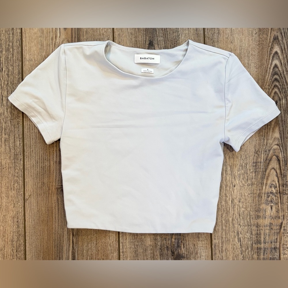 Babaton Aritzia Grey Cropped Short Sleeve Top Stretch Nylon Size S Minimalist - Picture 2 of 7